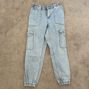 light wash baggy elastic waist cargo pants